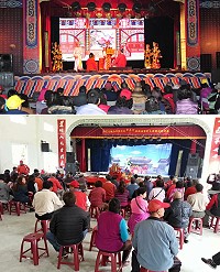 　（上圖）首度來馬的繁樹閩劇團昨晚7時於介壽澳口公園廣場演出「古木逢春」，吸引約200位鄉親前往欣賞。（圖／文：曹重偉）；（下圖）閩劇第1場次「深宮艷夢」呈獻莒光，離島鄉親及西莒陳元帥等廟宇神明鑾駕、香爐等共賞戲曲。（圖：馬祖北極玄天宮宗發會提供）