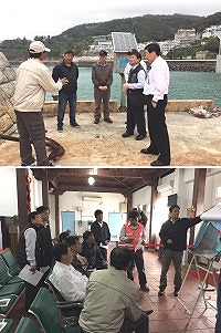縣長劉增應、議長張永江、議員陳貽斌、工務局長劉潤南等人昨日前往莒光視察兩島碼頭建設,會勘中提出多項建議,劉增應表示會盡快列訂計畫施作。(圖:連江縣政府提供)