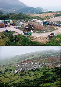 東引土石方回收再利用場的廢棄混凝土塊已經「溢」出既有範圍,鄉公所邀集營建廠商召開協調會,要求儘速改善堆置場環境景觀及清理散落邊坡之水泥塊石。(文/圖:陳其敏)