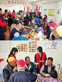廣受各界歡迎的老人共餐活動來囉!第一場昨天中午於復興村關懷據點舉辦,縣長劉增應、民政局長曹爾元到場與老人家噓寒問暖,共享美食;采盟企業特由營業副理邱博文率6位馬祖籍正妹志工來為老人家們服務,臨走前還加碼以90度鞠躬送上伴手禮橘子,讓老人家真正感覺賓至如歸。(圖/文:曹重偉)