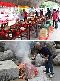 津沙境酬神補庫活動昨天熱鬧登場,全村各戶集結準備許多貢品獻給神明。(圖/文:吳嘉榮)