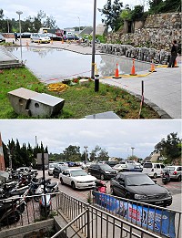 縣立醫院急診處前方廣場已於上週六(16日)起進行地坪整建工程,不過受到天雨影響,工程進度未如預期,未來幾天院前廣場可能都會出現這樣車滿為患的場景,院方提醒出入人員車輛密切注意。(圖/文:曹重偉)