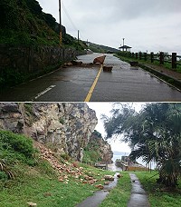 18日晚間大雨造成西莒部分路段出現坍方及落石現象。(圖/文:宋幸儒)