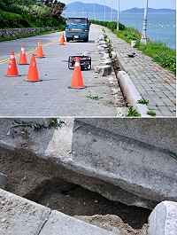 白沙海線幹道出現路基淘空以及路面局部下陷問題,公部門進行應急搶修。(圖/文:陳鵬雄)