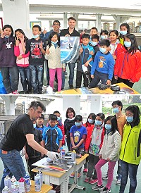 來馬祖取材的噴漆畫家歐思亞昨天為仁愛國小學生上一堂難得一件的噴漆畫美術課;校長王建華特別找來媽祖巨神像剪影當題材,歐思亞立即完成一幅超有特色的媽祖噴漆畫,讓師生對他的功力佩服不已。(圖/文:曹重偉)