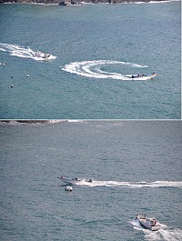 大陸高速釣魚船入侵大坵水道,我方漁民忍無可忍加足馬力企圖衝撞驅離。(圖/文:陳鵬雄)