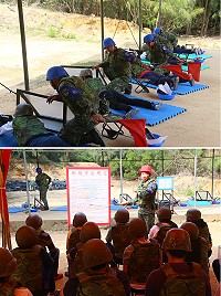 上圖:學生屏氣凝神,希望能百發百中 。下圖:上靶場射擊前,由混泡連連長下達安全規定。(圖:呂鎮宇/文:陳玉笈)