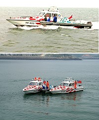 海巡快打部隊進駐,有效打擊大陸海釣快艇!2艘特勤快艇拂曉出擊,經圍捕、夾擊,在南竿瀏泉礁外海緝獲大陸籍海釣快艇「永○1號」。(圖:馬祖海巡隊)