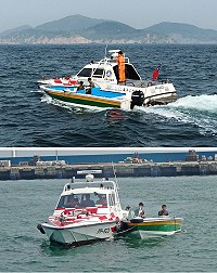 馬祖海巡特勤快艇再度強勢出擊,昨天上午於北竿三連嶼海域發現一越界快艇,立即進行圍捕、夾擊並強行登檢將該船緝捕到案。(圖:馬祖海巡隊)