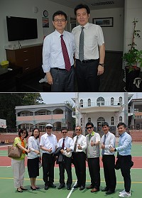 南應大參訪團和馬中校長陳天賜、介壽國中小校長吳健忠在介壽國中小操場合影。教育局長陳冠人特別配戴南應大校長林品章設計的TUT校徽領帶。(圖/文:楊凱棻)