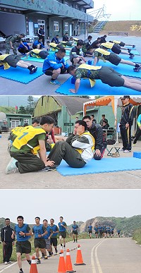 (圖上)南竿混砲連弟兄伏地挺身動作標準確實。(圖/文:呂鎮宇)(圖中)北高機步連官兵奮力接受仰臥起坐測驗。(圖/文:邱毓凱)(圖下)莒光機步連為了爭取榮譽全力往前衝刺!(圖/文:趙逸翔)