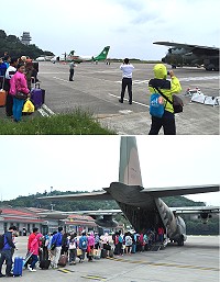 滯留人潮擠爆南竿機場,在南竿航空站、交通局與立委陳雪生協調下,國防部緊急加開2架次C130支援疏運,目前約有95人滯留馬祖,立榮最後2班及軍機C130在終昏前落地,停機坪同時停放3架飛機。(圖/文:馮紹夫)