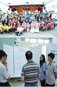 連江縣105年度各級學校科學展覽教育局長陳冠人和參展學生及指導老師合影。東引國中小「你不『數』真正的快樂」組正在跟評審解說作品內容。(圖/文:楊凱棻)