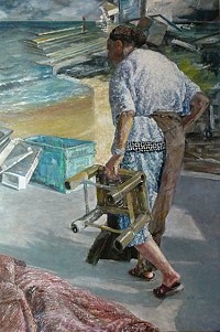馬祖藝術家曹楷智再度以「依嬭的生計歲月」畫作,榮獲2016年台灣國展油畫比賽優選。(圖/文:楊凱棻)