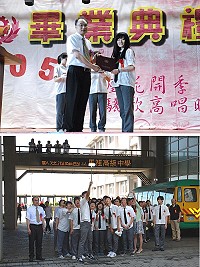 　105年馬祖高中畢業典禮盛大舉行，校長陳天賜勉勵畢業生多元思考，以創造力提升自我價值，即將告別高中校園的畢業生，懷著感恩的心從校長手中接下畢業證書。（圖／文：楊凱棻）