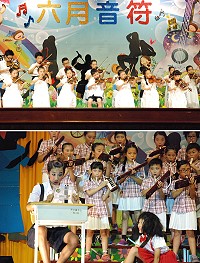 中正小提琴社演奏由多首古典樂曲改編的《森林》,引領觀眾進入小提琴美妙的音樂世界。國中樂隊演奏《小幸運》時,台上出現國片《我的少女時代》男女主角徐太宇和林真心,增添不少「笑」果。(圖/文:楊凱棻)