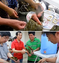 「粽在養身」包粽研習,男士參與學習暨婦女會推廣酒糟素粽。(圖:宋志富)