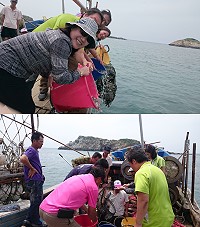 莒光鄉由鄉長及代表們同步進行魚苗放流活動。(圖/文:宋幸儒)