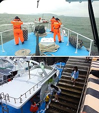 上圖:福澳池姓漁民昨日落海失蹤,海巡隊、消防、漁船、空勤總隊聯合於附近搜救,昨日仍無音訊。(圖:海巡隊提供);下圖:池家6兄弟陪同母親及全部家屬出海,並持竹子草葉綁繫池萬勝衣服,由家人親情呼叫,盼他平安歸來。(圖:本報編輯部)