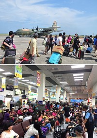 疏解滯留人潮,4架次軍機及立榮單日共疏運833人次,只剩少部分民眾滯留。(圖/文:馮紹夫)
