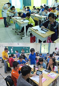 台北市仁愛國中學校發展中心執行秘書楊昌珣率領2位老師孫明芸、潘琡芬至中正國中小,教導七、八年級利用平板載具進行國文科和英文科行動學習教學觀摩,讓學生體驗不一樣的創新上課方式。第2場次行動教學團隊前往介壽國中小,學生興奮拿著平板上課。(圖:陳崇文提供)