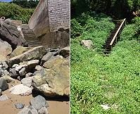 西莒坤坵巨石擋路、木板棧道脫落封閉,影響地區觀光發展。(圖/文:宋幸儒)