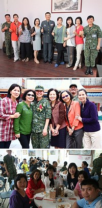 (上圖)馬防部感謝志工媽媽們10年來的付出。(中圖)北竿迎賓館開幕時陳主任與志工媽媽們合影。(下圖)莒光守備大隊茶會邀請志工媽媽們同樂。(圖/文:呂鎮宇、陳玉笈、趙逸翔)