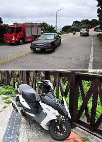 南竿三槍堡往福澳村口路段昨天下午發生青年騎車時疑似瞬間側風過大自摔意外,好在傷勢無大礙,但車頭卻摔得面目全非;災害應變中心緊急呼籲鄉親騎車小心盡量慢行,最好不要出門。(圖/文:曹重偉)