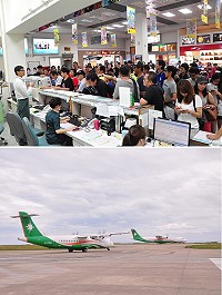 颱風期間大量旅客滯留馬祖,昨日下午立榮搶飛8班機,共疏運532人,今日立榮、軍機全力疏運旅客。(圖/文:馮紹夫)