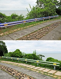 　為確保遊客鄉親行車安全，工務局特別引進全新的金屬材質安全防撞護欄，PV材質還有反光效果，讓駕駛人很快就發現這道護欄的存在，其中有兩座特別設置在有多處懸崖峭壁的津馬步道，讓行人與行車安全感大幅提升。（圖／文：曹重偉）