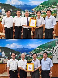 台灣銀行馬祖分行經理郭正坪(上圖)榮調、移民署北區事務大隊連江地區行政中心召集人鄭明賢(下圖)退休,縣長劉增應致贈2人榮譽縣民證。(圖/文:馮紹夫)