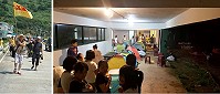 福州露營首發團族群43人藍色派對16日到北竿舉行帳篷節,晚餐06據點露營區BBQ歡樂之後,無奈傾盆雷雨,部分遊客在露營區留宿,體驗據點戰鬥氛圍。(圖:龍福旅行社提供)