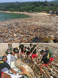 閩江山洪爆發,馬祖無辜受罪!鐵板沙灘一夜之間就被海漂垃圾佔據整個澳口,還有死豬浮屍令人怵目驚心;公所環保課、兩棲連弟兄協助先將死豬浮屍搬運走,避免惡臭及細菌感染。(圖/文:曹重偉)