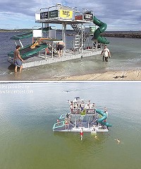 國外活動式水上遊樂場類似海上平台,推出大人、小孩在海上跳水畫面影片頗受注目。(Tarzan Boat臉書專頁)