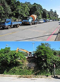 南竿中正國中小近日委託廠商進行下方出村道路側的路樹清理工作,不過出村道路側早被許多大小車輛占據停放已久,整天都不見人影出來移車,廠商相當無奈。(圖/文:曹重偉)
