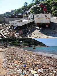 這波閩江氾濫帶來的海漂垃圾真的夠大量,根據縣府環保局統計,從20日下午到23日上午在仁愛沙灘及週一25日清理津沙沙灘,光垃圾部分就載回逾百車次,粗估總重約308公噸。(圖/文:曹重偉)