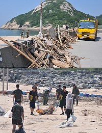 大批漂流竹木入侵塘岐馬鼻灣,公所結合北高守備大隊展開大規模清理工作。(圖/文:陳鵬雄)