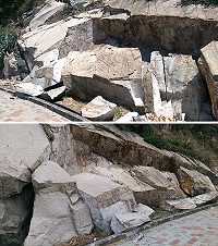 　疑似多雨加上高溫熱漲冷縮，環島北路岩盤節理處斷裂滑落。（圖／文：陳鵬雄）
