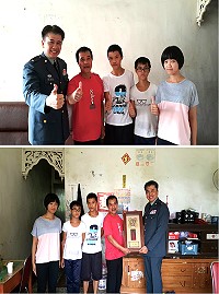 　上圖：魏伯彥先生帶領雪婷姊弟一起感謝國軍。下圖參謀長韓少將代表國防部致贈賀屏。（圖／文：孫承功）