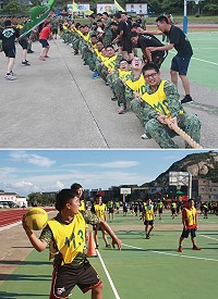 (上圖)拔河比賽龍爭虎鬥直叫人目不轉睛。(下圖)躲避球競賽令所有場上官兵熱血沸騰。(圖/文:邱毓凱)