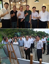 上圖:行政院長林全13日馬祖行,肯定55據點青年民宿為成功軍事營區活化典範,與2位經營者劉增亞、李振元合影。下圖:在縣長劉增應、立委陳雪生及馬管處長王忠銘等陪同下,林全聽取馬管處對於軍事營區活化之簡報。(圖/文:楊凱棻)
