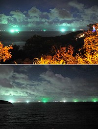 針對地區周邊海域近期夜間燈火閃閃,綠色的漁火相當明亮;縣府建設局表示,目前本縣轄下並無漁船登記有燈火營業項目,故應為對岸漁船作業行為,已於7月底發文第十海巡隊,針對夜間燈火漁業之漁船進行取締。(圖/文:曹重偉)