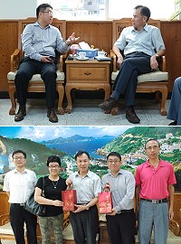 易飛網董事長周育蔚(上圖左、下圖右2)16日拜會縣長劉增應,共同討論如何推動馬祖觀光淡季行銷及縣長劉增應贈送紀念品。(圖/文:楊凱棻)
