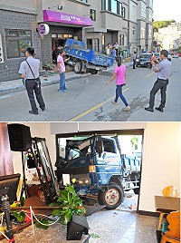 　地區一輛砂石車昨天傍晚5時4分疑似煞車失靈，撞上清水一家剛開張的音樂餐廳，造成大門全毀，舞台毀損，碎玻璃散落一地，所幸只有蔡姓駕駛輕傷送醫，並未造成重大傷亡。（圖／文：曹重偉）