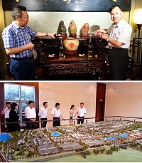 劉增應等一行走訪中國白酒金三角酒業集中發展區暨與瀘州老窖集團公司副總經理、瀘州老窖第22代傳人沈才洪將彼此酒互相各注入1個酒瓶,注酒、勾兌儀式,代表名列優質白酒世紀交會。(圖:連江縣政府文化局提供)