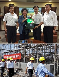 上圖:縣長劉增應、議長張永江與高雄市長陳菊25日上午會晤,共同爭取恢復高雄-馬祖航線,並致贈正副總統就職瓷瓶紀念酒,推銷馬祖高粱酒。下圖:赴旗津港了解承攬北竿橋仔碼頭工程施作廠商製作5個沉箱進度及狀況。(圖:連江縣政府提供)