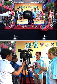 105 健康樂活遊馬祖台北記者發表會28日在北市信義區威秀徒步區登場,縣長劉增應、議長張永江、馬管處長王忠銘、電視玩樂節目主持人郭人榮共同按鈕啟動儀式暨劉增應接受媒體聯訪。(圖:縣府觀光局提供)