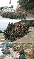(上圖)馬防部莫指揮官率軍官團在馬祖劍碑前合影。(中圖)北高守備大隊於璧山莊前合影留念。(下圖)南竿守備大隊於仁愛大漢據點合影留念。(圖/文:陳玉笈)
