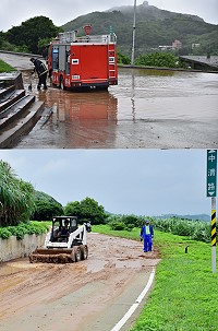 豪大雨襲擊,造成東引地區多處路段積水及坍方,鄉公所、消隊分隊分別出動鏟土車、消防車清理淤泥和積水。(圖/文:陳其敏)