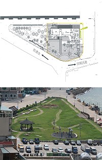 (上圖)福澳觀光遊憩特色市集工區內放置車輛及私人物品,請於11日前搬運撤離。(下圖)福澳觀光遊憩特色市集地點設置於海巡隊前方親水公園,外觀採船型意象,規劃設計一層樓建築。(圖/文:吳嘉榮、建設局)